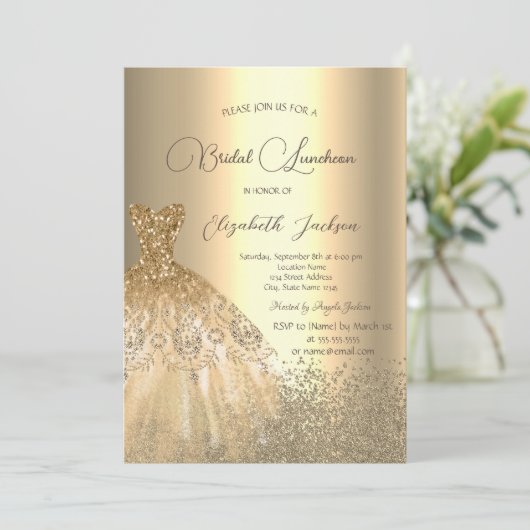 Elegant Gold Diamonds Dress Bridal Luncheon Kaart (Staand voorkant)