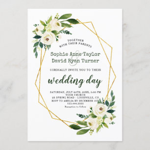 Elegant Gold Diamonds White Green Floral Wedding Kaart