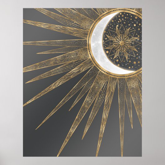 Elegant Gold Doodles Sun Moon Mandala Design Poster (Voorkant)