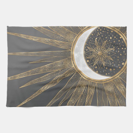 Elegant Gold Doodles Sun Moon Mandala Design Theedoek (Horizontaal)
