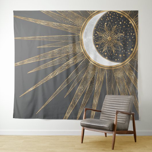 Elegant Gold Doodles Sun Moon Mandala Design Wandkleed (In Situ (horizontaal))