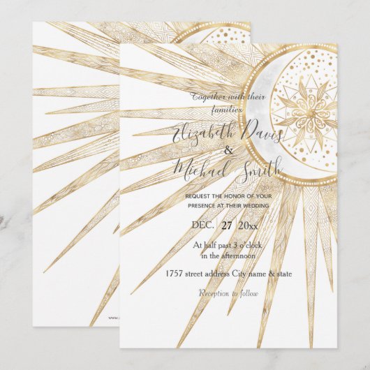 Elegant Gold Doodles Sun Moon Mandala Wedding Kaart (Voorkant / Achterkant)