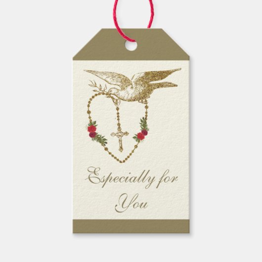 Elegant Gold Dove Heilige Rosary Rozen Cadeaulabel (Voorkant)