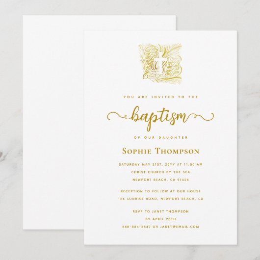 Elegant Gold Dove White Cross Religieuze Baptisme Kaart (Voorkant / Achterkant)