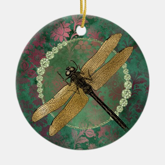 Elegant Gold Dragonfly op groen met Rhinestones Keramisch Ornament (Voorkant)