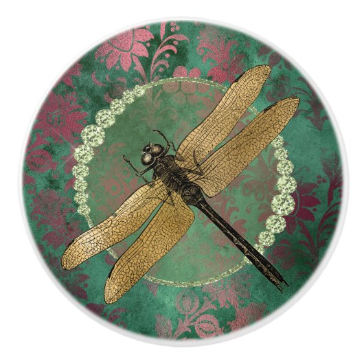 Elegant Gold Dragonfly op groen met Rhinestones Keramische Knop (Voorkant)