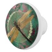 Elegant Gold Dragonfly op groen met Rhinestones Keramische Knop (Rechts)