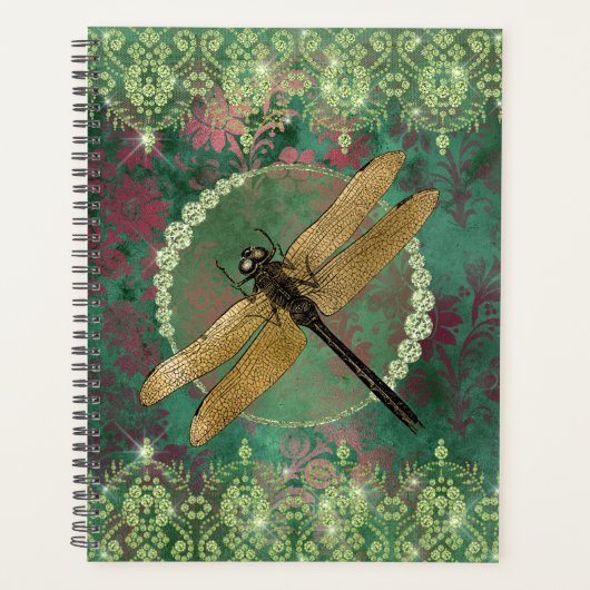 Elegant Gold Dragonfly op groen met Rhinestones Planner (Voorkant)