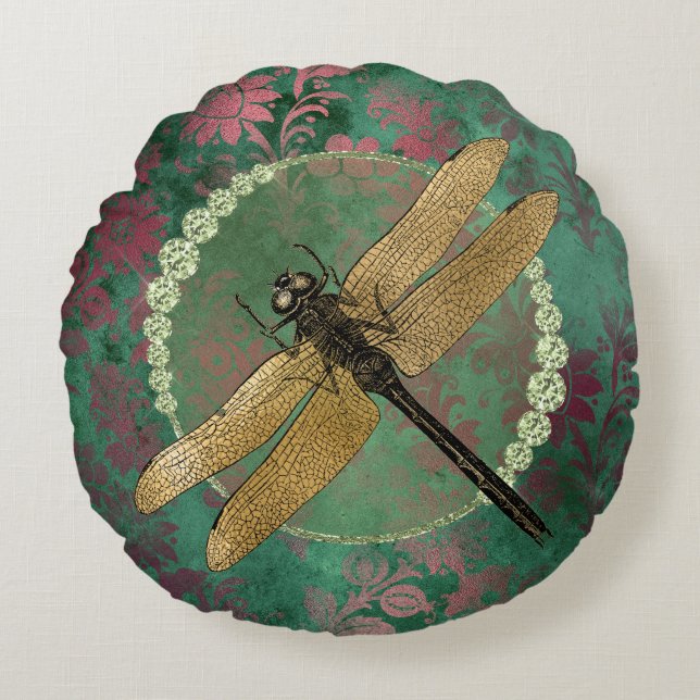 Elegant Gold Dragonfly op groen met Rhinestones Rond Kussen (Voorkant)