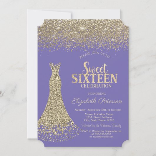 Elegant Gold Dress Diamonds Lavander Sweet 16 Kaart (Voorkant)
