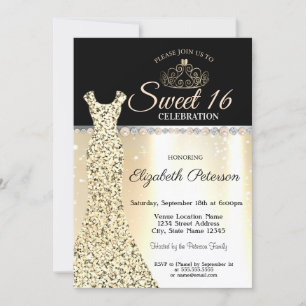 Elegant Gold Dress, Diamonds Pearls Sweet 16 Kaart