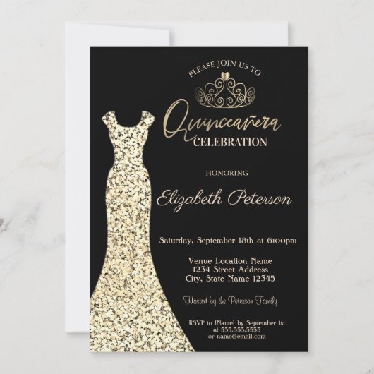 Elegant Gold Dress, Tiara Quinceañera Kaart