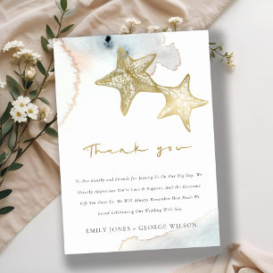ELEGANT GOLD DUSKY BLUE BEACHY STARFISH WEDDING BEDANKKAART