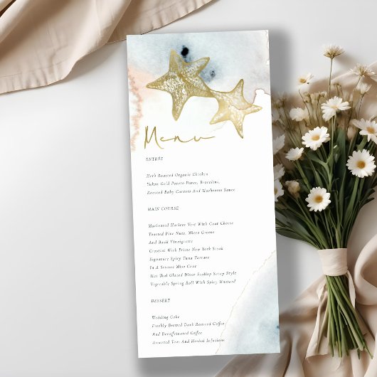 ELEGANT GOLD DUSKY BLUE BEACHY STARFISH WEDDING MENU