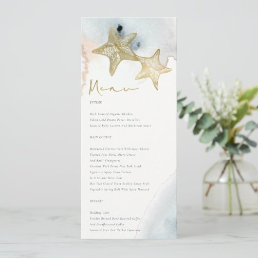 ELEGANT GOLD DUSKY BLUE BEACHY STARFISH WEDDING MENU (Staand voorkant)