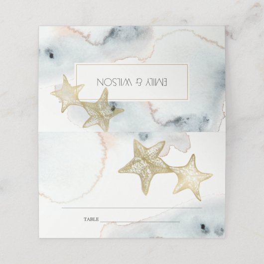 ELEGANT GOLD DUSKY BLUE BEACHY STARFISH WEDDING PLAATSKAARTJE (Buitenkant ongevouwen)