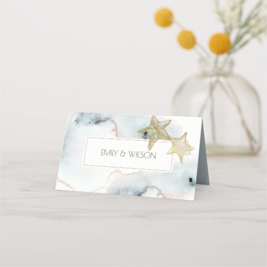 ELEGANT GOLD DUSKY BLUE BEACHY STARFISH WEDDING PLAATSKAARTJE (Achterkant)