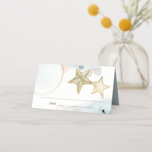 ELEGANT GOLD DUSKY BLUE BEACHY STARFISH WEDDING PLAATSKAARTJE (Voorkant)