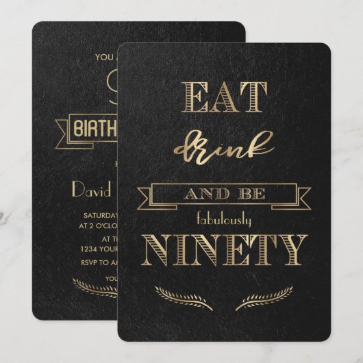 Elegant Gold EAT-DRINK en NINETY Birthday Kaart (Voorkant / Achterkant)