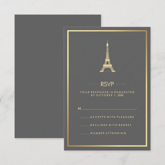 Elegant Gold Eiffel Tower op Gray Wedding RSVP Kaart (Voorkant / Achterkant)