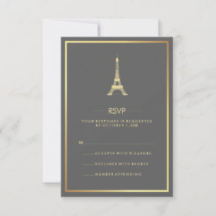 Elegant Gold Eiffel Tower op Gray Wedding RSVP Kaart