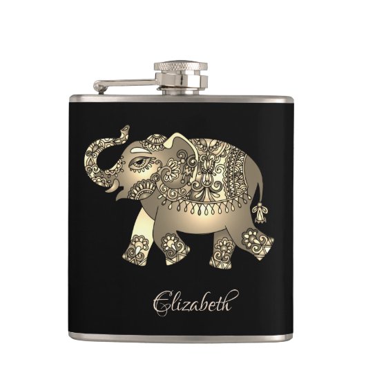 Elegant Gold Elephant Floral, zwart-gepersonalisee Heupfles (Voorkant)