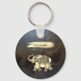 Elegant Gold Elephant, penseelstreek, lederen uite Sleutelhanger