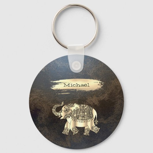 Elegant Gold Elephant, penseelstreek, lederen uite Sleutelhanger (Voorkant)