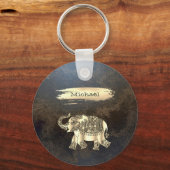 Elegant Gold Elephant, penseelstreek, lederen uite Sleutelhanger (Voorkant)