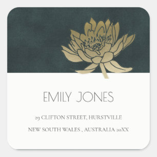 ELEGANT GOLD EMERALD GREEN LOTUS FLORAL ADRES VIERKANTE STICKER