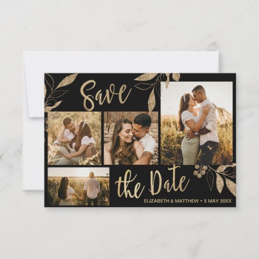 Elegant Gold en Black Botanical Photo Collage Sav Save The Date (Voorkant)