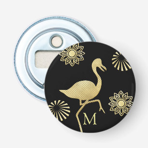 Elegant Gold en Black Flamingo Art Monogram Button Flesopener