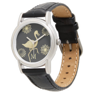 Elegant Gold en Black Flamingo Art Monogram Horloge