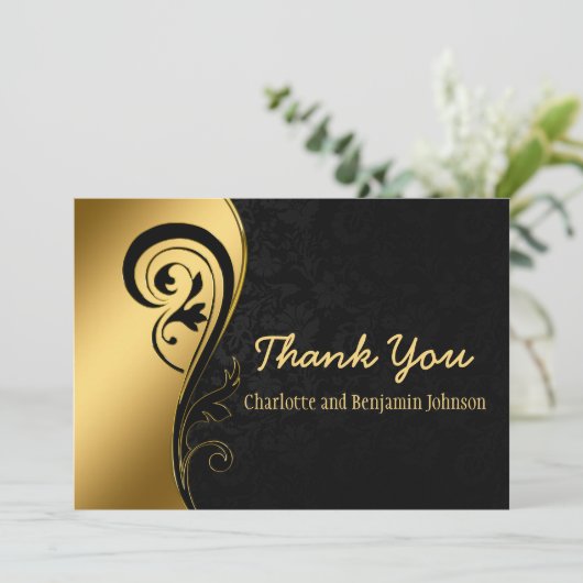 Elegant Gold en Black Floral Wedding Bedankkaart (Staand voorkant)