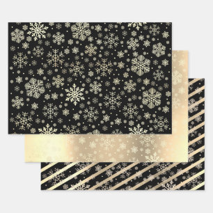 Elegant Gold- en Black-kerstsnowflake-patroon Inpakpapier Vel