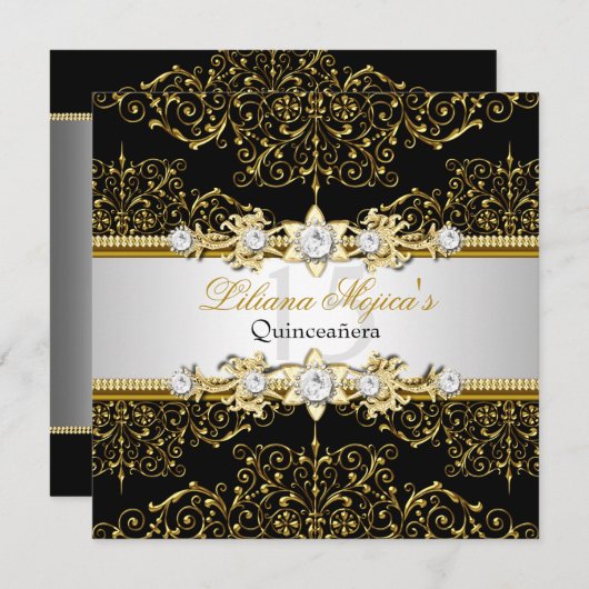 Elegant Gold en Black Swirl Damask Quinceanera Kaart (Voorkant / Achterkant)