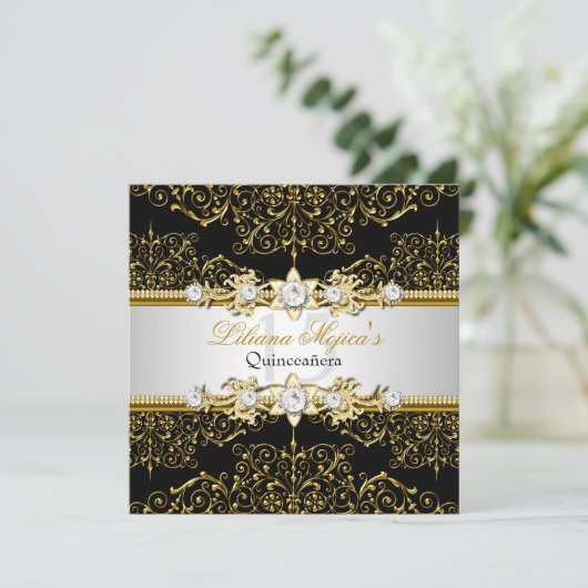Elegant Gold en Black Swirl Damask Quinceanera Kaart (Staand voorkant)