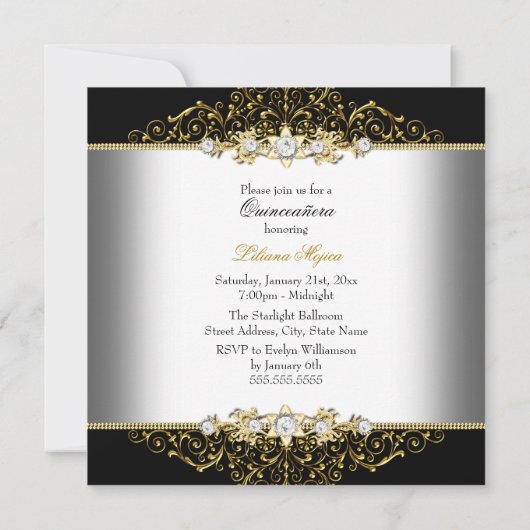 Elegant Gold en Black Swirl Damask Quinceanera Kaart (Achterkant)