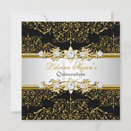 Elegant Gold en Black Swirl Damask Quinceanera Kaart (Voorkant)