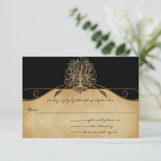Elegant Gold en Black Tree Wedding RSVP (Staand voorkant)