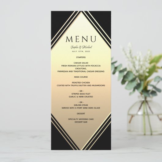 Elegant Gold en Black Wedding Menu (Staand voorkant)