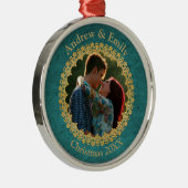 Elegant Gold en Blauwgroen aangepaste foto Metalen Ornament (Rechts)