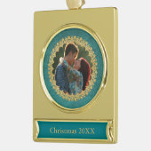 Elegant Gold en Blauwgroen aangepaste foto Verguld Banner Ornament (Links)