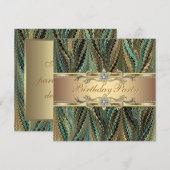 Elegant Gold en Blauwgroen Blue Birthday Party Kaart (Voorkant / Achterkant)