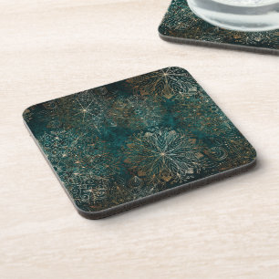 Elegant Gold en Blauwgroen Green Floral Mandala Pa Bier Onderzetter