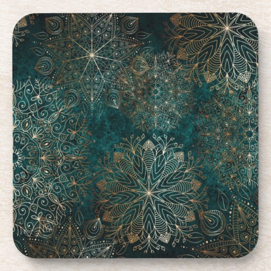 Elegant Gold en Blauwgroen Green Floral Mandala Pa Bier Onderzetter (Voorkant)