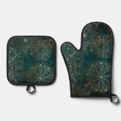 Elegant Gold en Blauwgroen Green Floral Mandala Pa Ovenwant & Pannenlap Set (Voorkant)