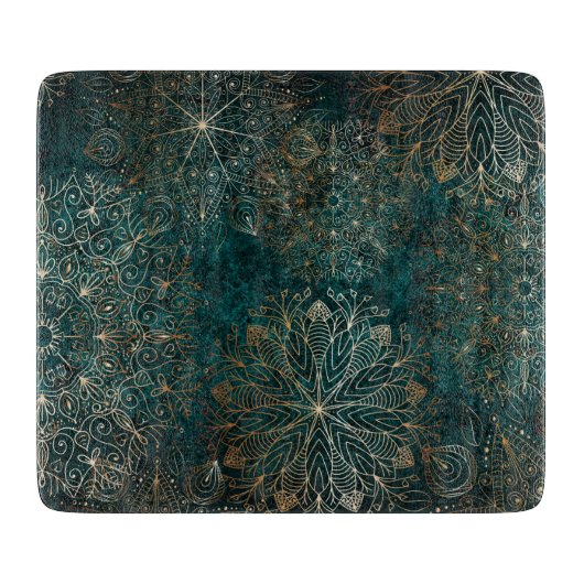 Elegant Gold en Blauwgroen Green Floral Mandala Pa Snijplank (Voorkant)