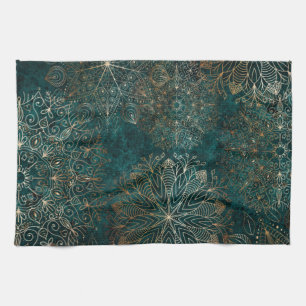 Elegant Gold en Blauwgroen Green Floral Mandala Pa Theedoek