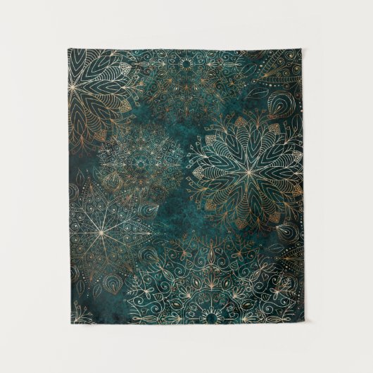 Elegant Gold en Blauwgroen Green Floral Mandala Pa Wandkleed (Voorkant)